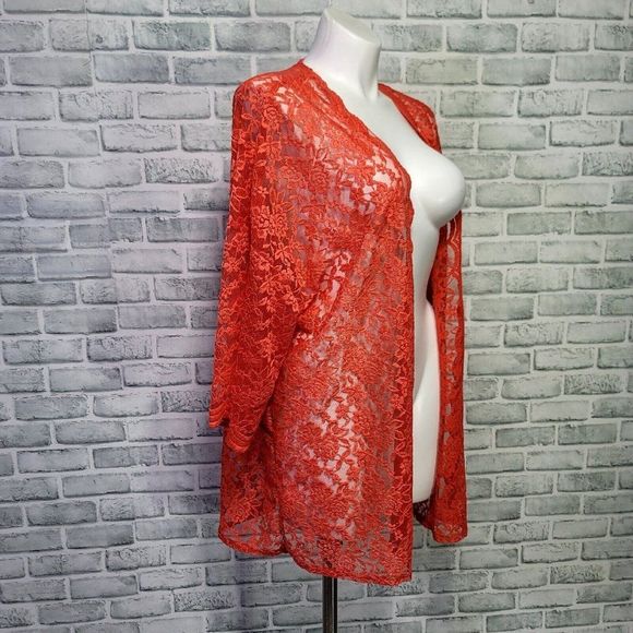 Haptics by Holly Harper Plus Size 1X Neon Coral Lace Cover Up Cardigan Popover - Picture 6 of 8
